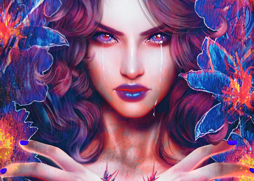 Artistic depiction of a woman with intricate designs on her hands against a colorful, abstract background.